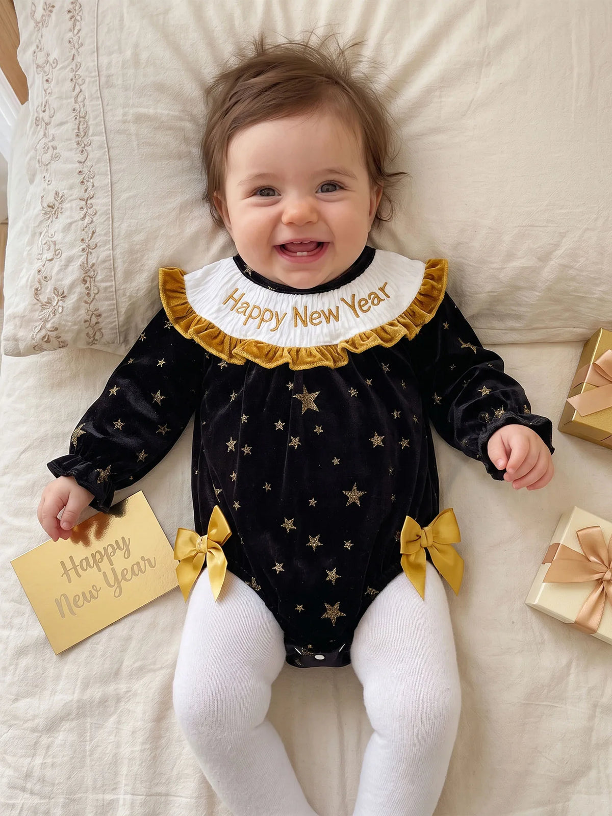 New Year Letter Embroidery Long Sleeve Romper Girl Toddler
