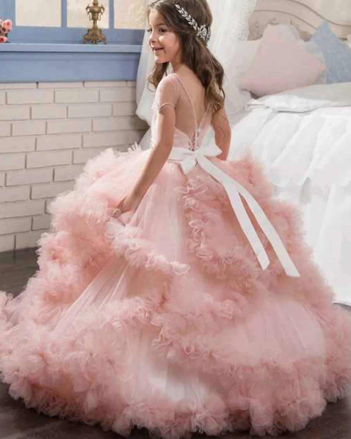 Abaowedding Flower Girl Dress Illusion Large Back Bow Tulle