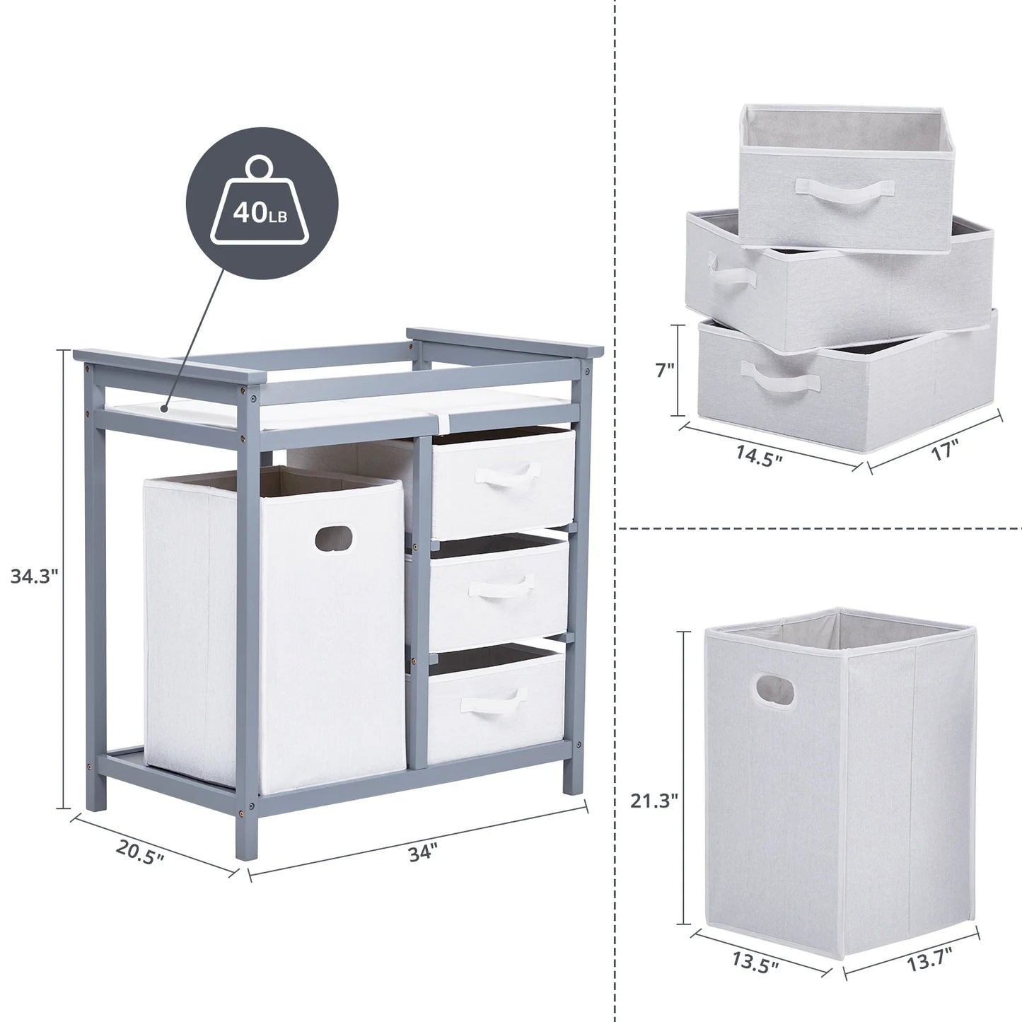 Wooden Baby Changing Table Dresser With Laundry Hamper 3 Drawer
