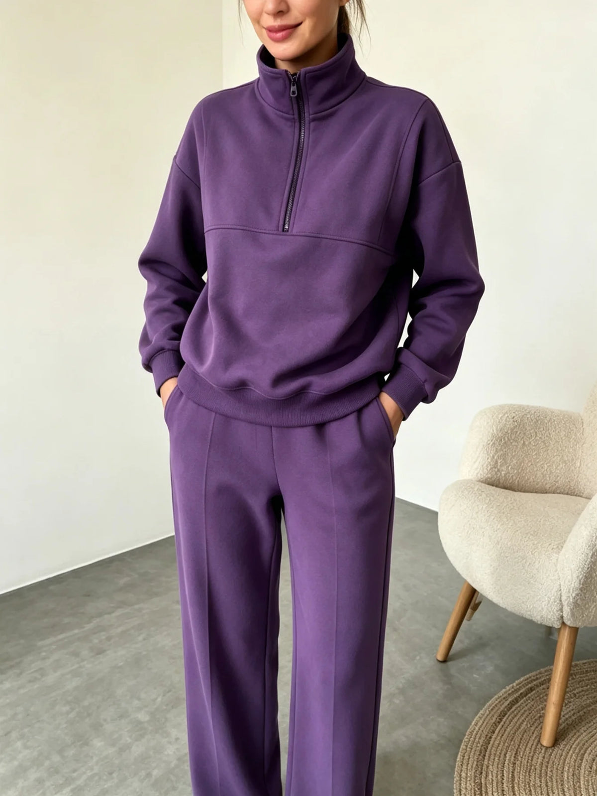 Women Half Zip Sweatshirt Pants Set Casual Stand Collar 2 Piece Outfit Loose Long Sleeve Tracksuit Soft Loungewear Suit Daily Streetwear