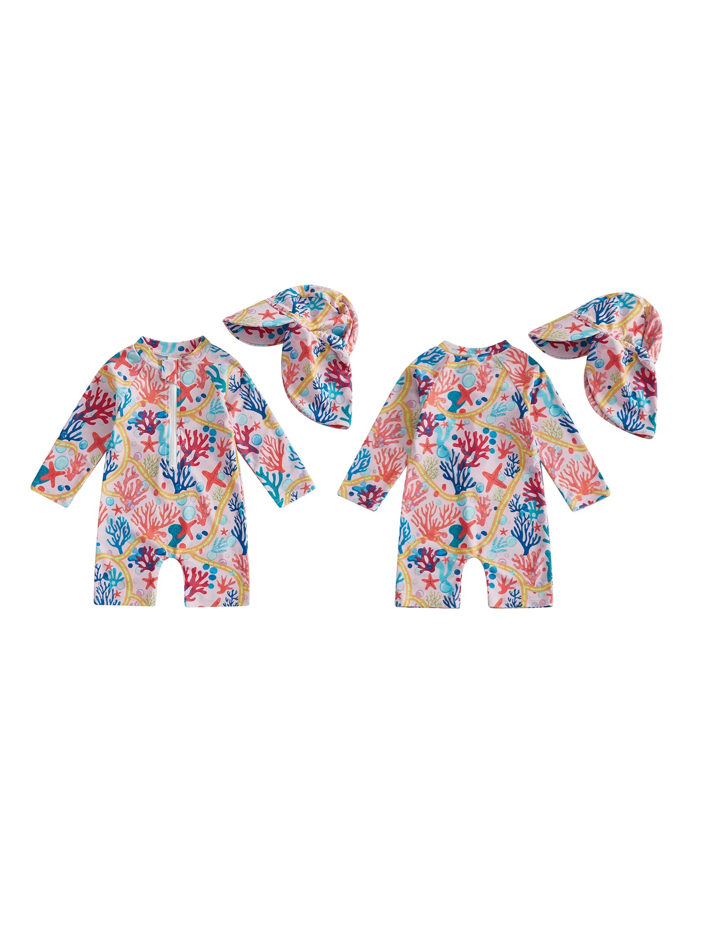Cute Baby Rash Guard Swimsuit With Sun Hat Dinosaur Print