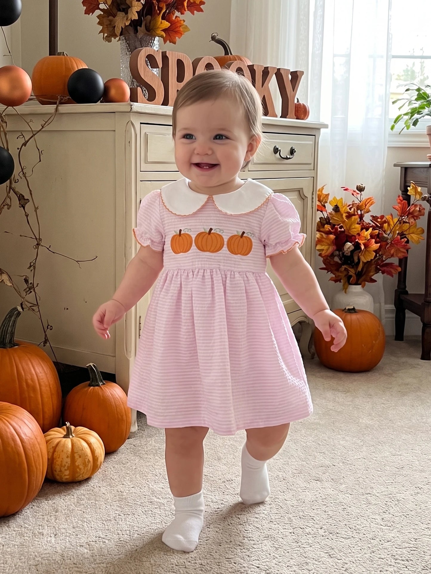 Dress-Pumpkin-Embroidery Girls Halloween Kid-Girls Kid Girls Halloween Embroidery Stripe Collar Stripe Dress-Pumpkin-Embroidery