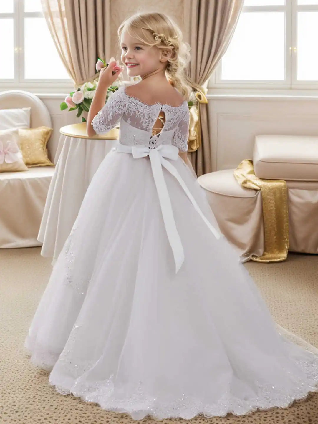 Abaowedding Off Shoulder Flower Girl Lace Sequin Ball Gown