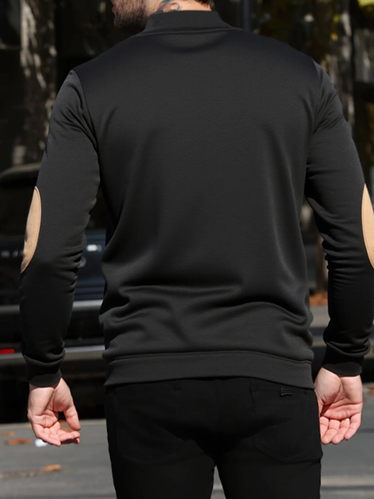 Men Henley Collar Pullover Sweatshirt Stand Collar Top Button Placket Elbow Patches Long Sleeve Casual Sweater Daily Wear Top
