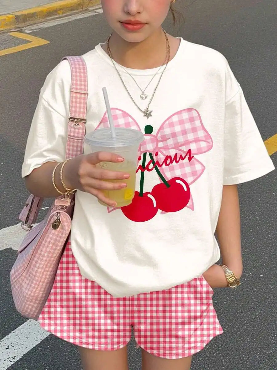 Cherry Bow Print Short Sleeve Tee And Plaid Shorts Set