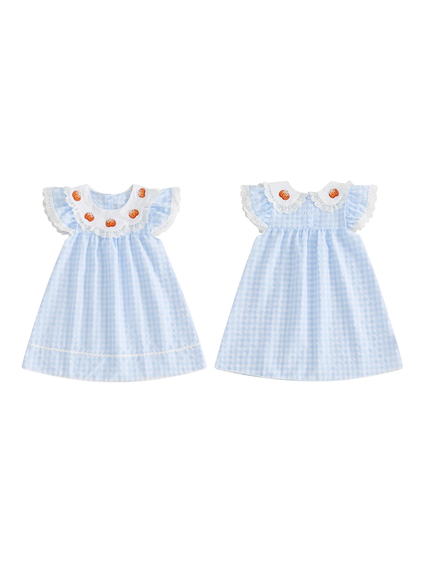 Girls Halloween Embroidered Pumpkin Plaid Dress With Flutter Sleeves