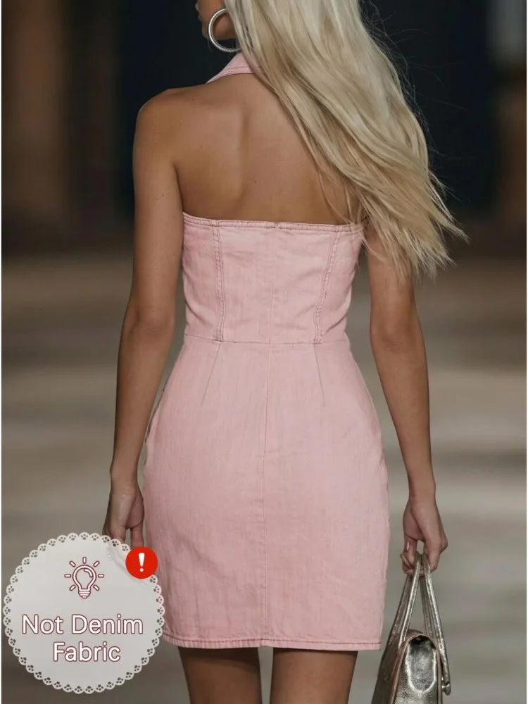 Women Lapel Halter Neck Collarless Mini Dresses 2026 New Sleeveless Button‑Front Bodycon Party Short Dress With Flap Pockets