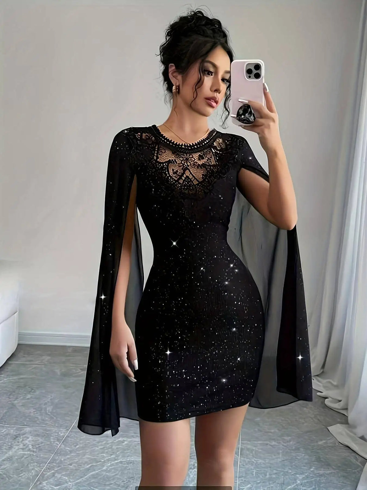 Women Black Glitter Bodycon Mini Dress Lace Crew Neck Sheer Cape Sleeve Slim Party Club Evening Cocktail Short Dress