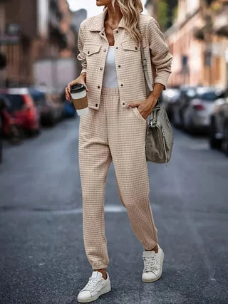 Plus size women's small checkered long sleeve European and American new spring and autumn lapel cardigan casual fashion long pants set