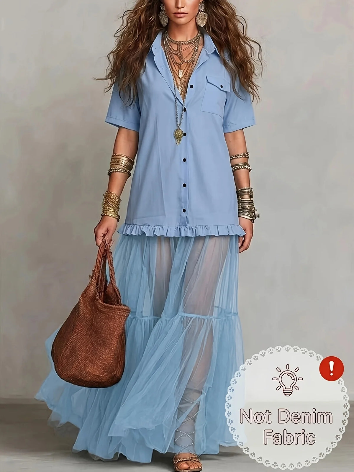 Women Blue Lapel Collar Shirt Dress 2026 New Short Sleeves Button Front Patchwork Ruffle‑Hem Sheer Tulle Tiered Elegant Party Evening Maxi Dresses
