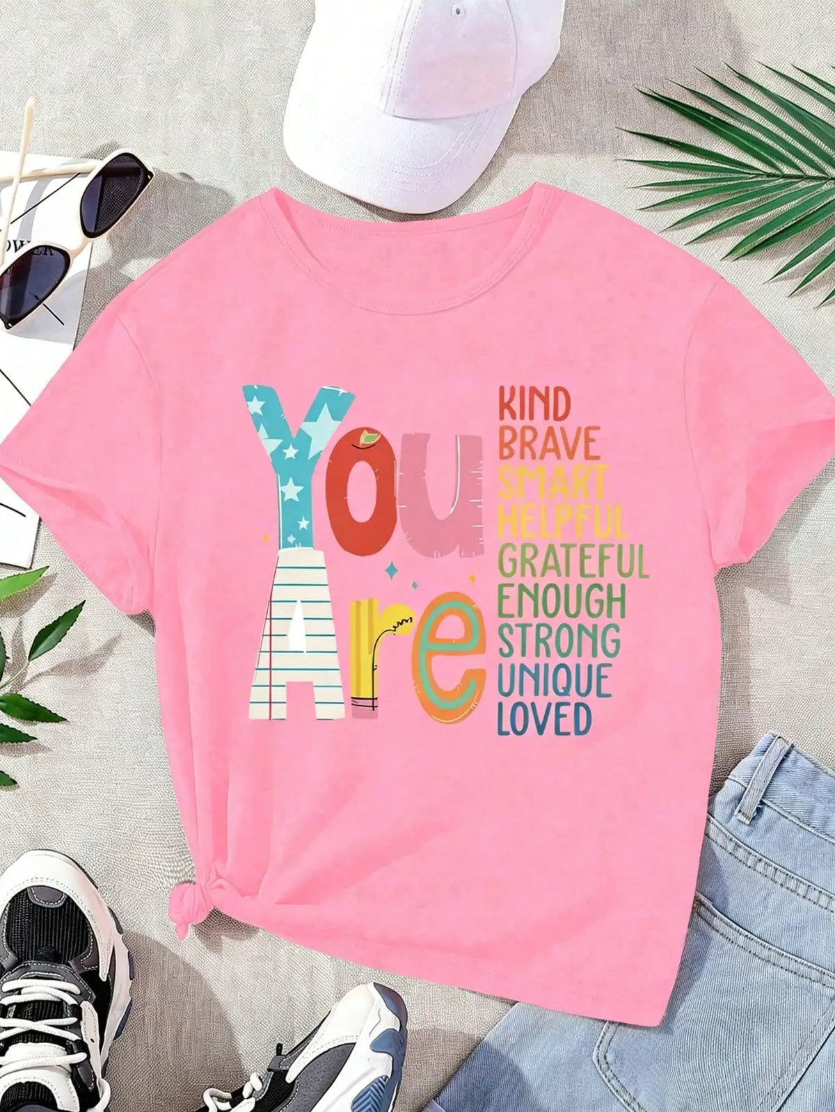 Girls & Teenagers Students Casual Printed Black Crew Neck Short Sleeve T-Shirt Top, Summer