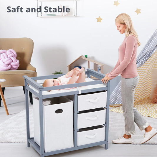 Wooden Baby Changing Table Dresser With Laundry Hamper 3 Drawer