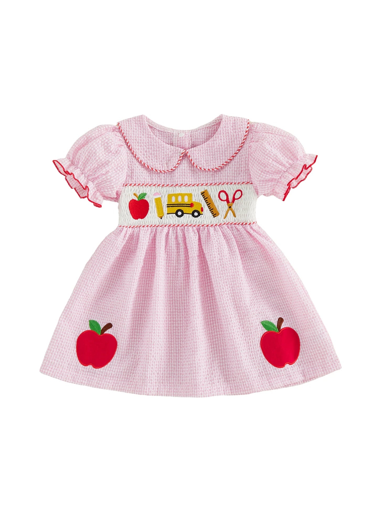 Girls Back to School Dress with Cute Apple Embroidery and Doll Collar Short Sleeve Toddler Summer Dress for Casual Wear