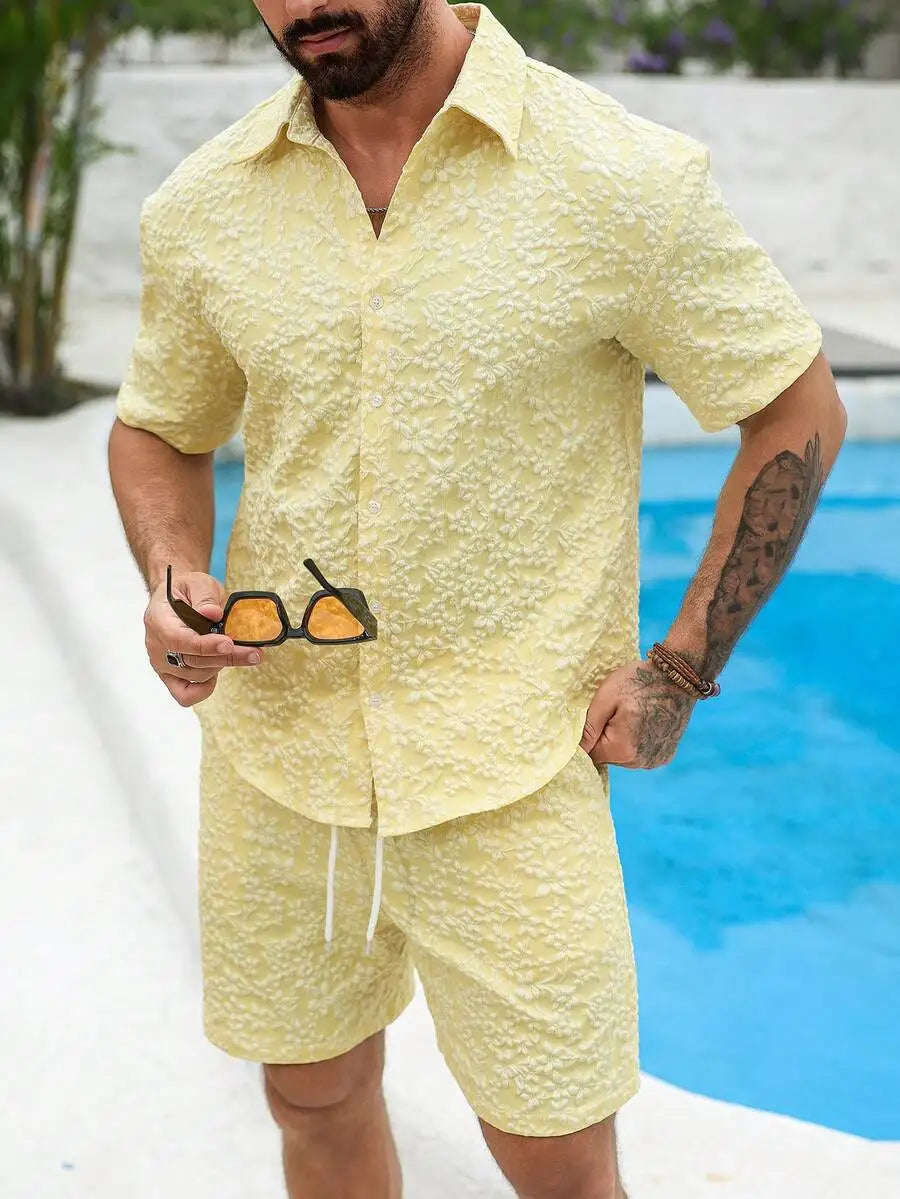 Manfinity CasualCool Men's Yellow Summer Casual Vacation Holiday Outfit,Textured Geometric Pattern Short Sleeve Button Up Shirt