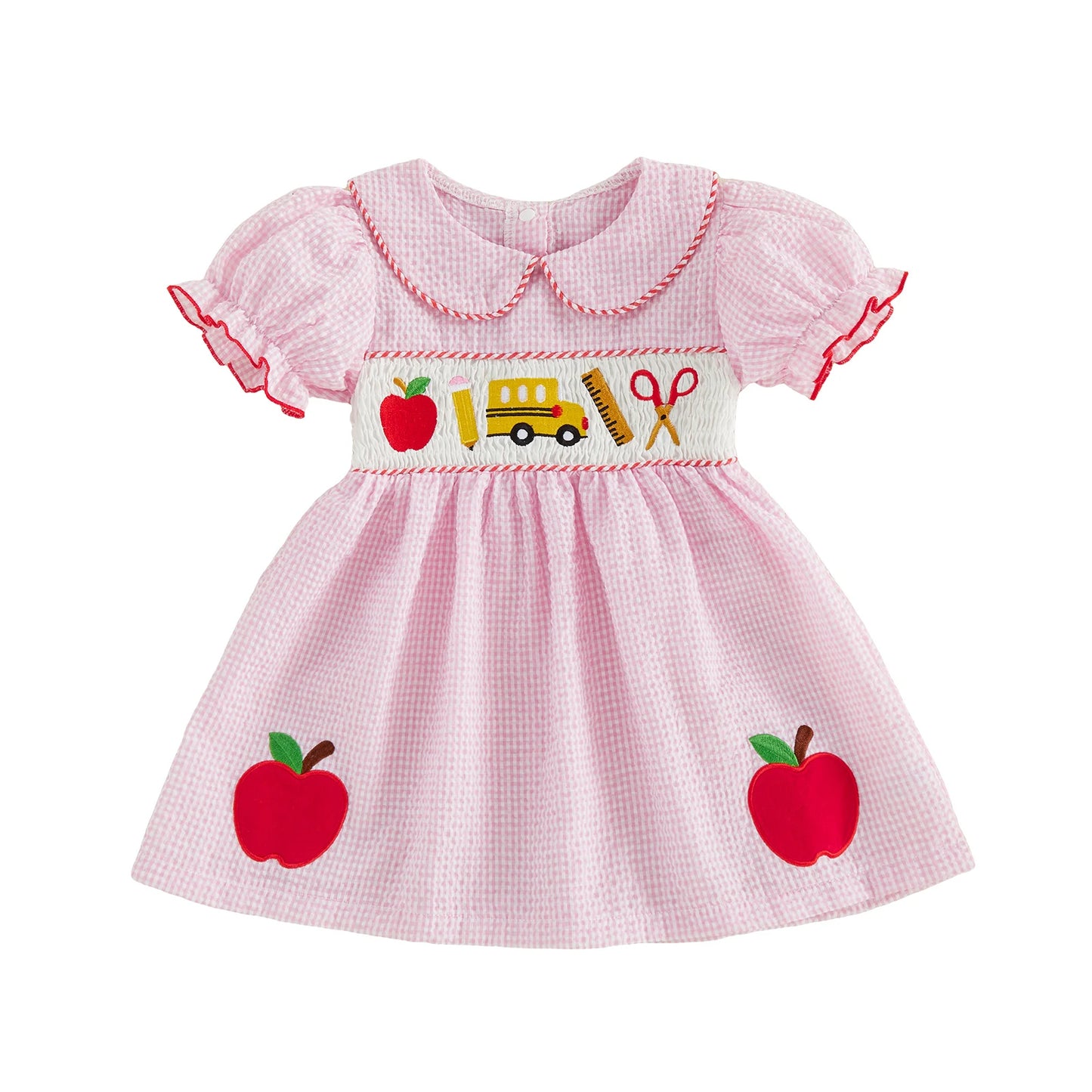 Girls Back to School Dress with Cute Apple Embroidery and Doll Collar Short Sleeve Toddler Summer Dress for Casual Wear