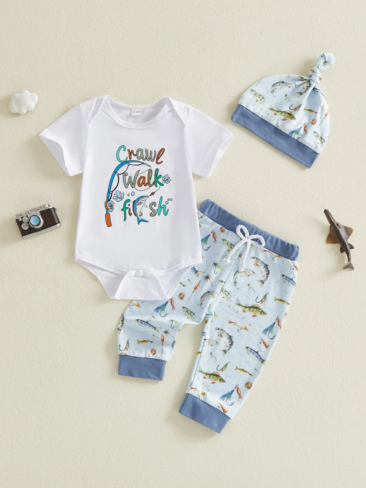 Newborn Dinosaur Print 3-Piece Romper Set Cap Shorts