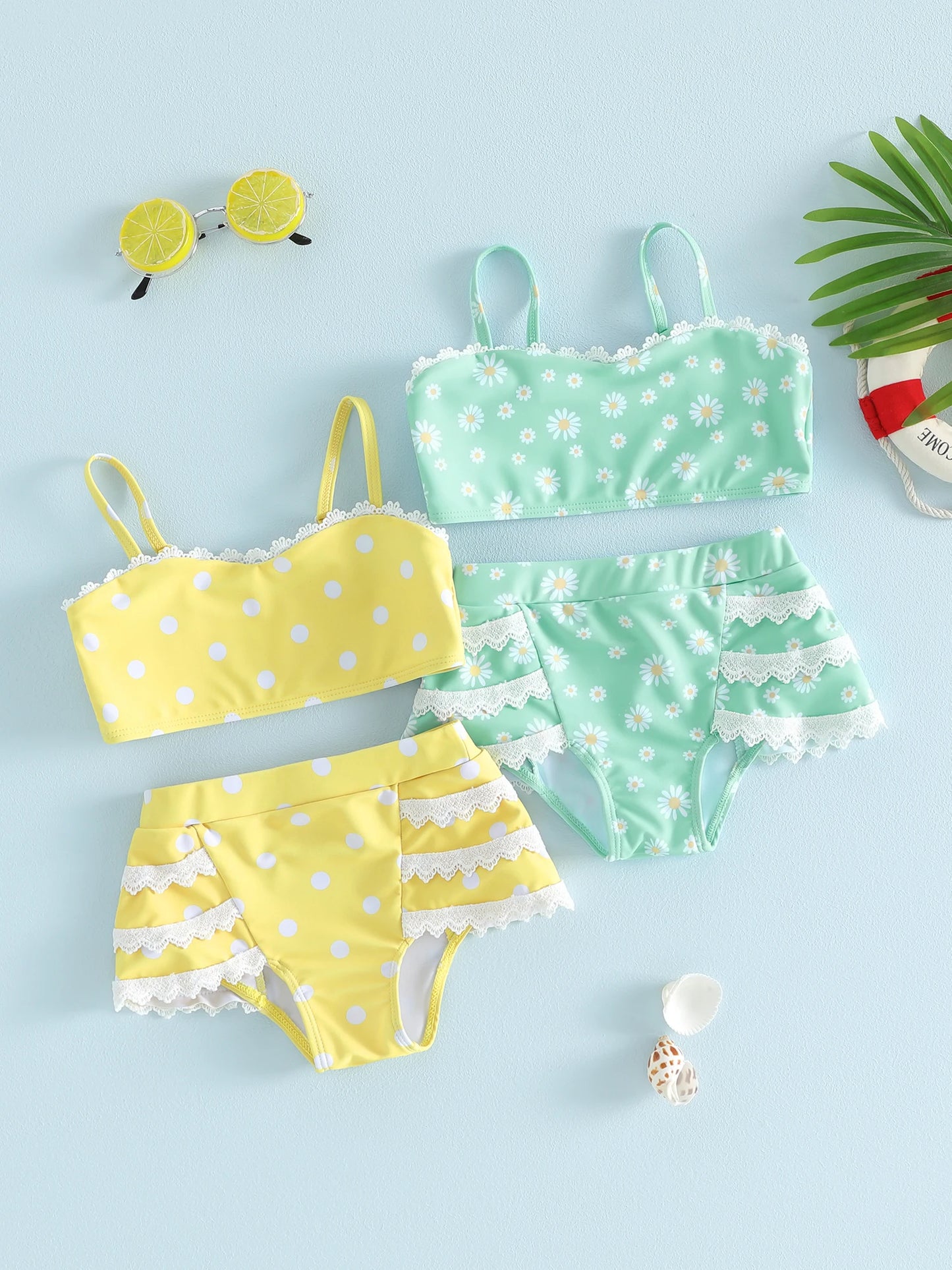 Toddler Girl Polka Dot Print Lace Trim Tankini Set