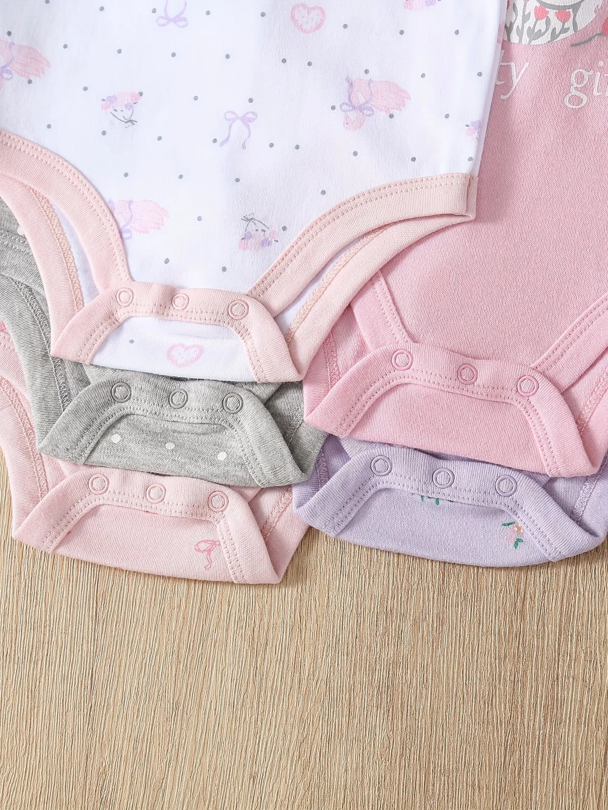 5pcs Baby Girl Romper Set - Cute Animal Print Short Sleeve Outfits with Ribbed Cuffs, Soft Breathable Fabric, All-Season Comfort, Elegant Round Neck Design for Outdoor Play & Casual Attire, Baby Girl Clothes, Playful Babywear