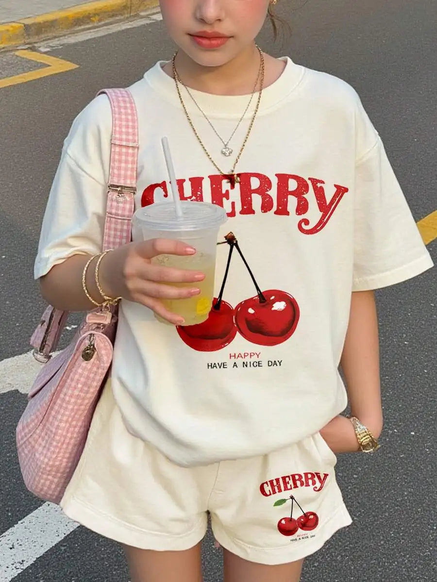 Cherry Bow Print Short Sleeve Tee And Plaid Shorts Set