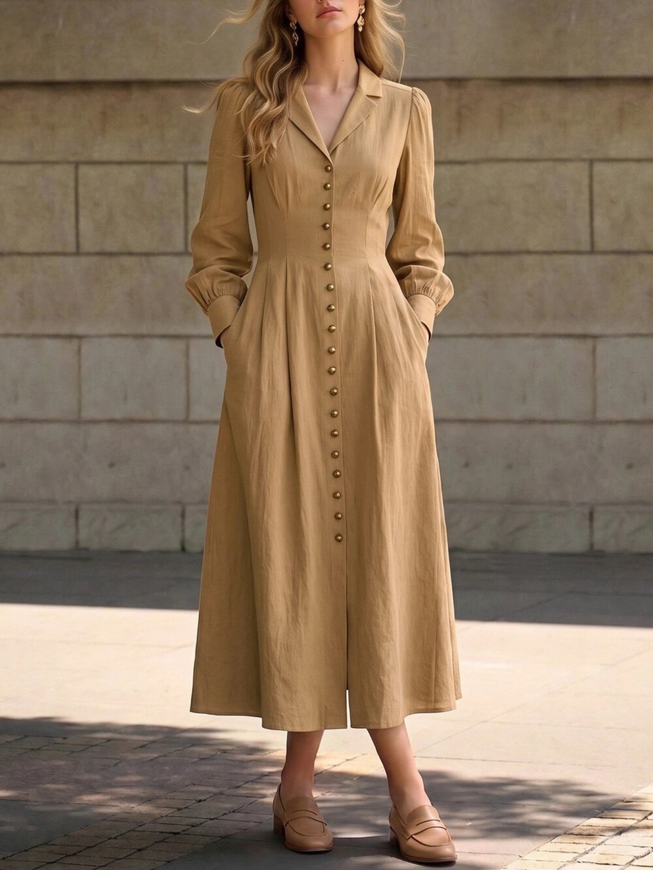 Women Midi Shirt Dress Lapel Long Sleeve Waist‑Fitted Dress With Side Pockets Front Button Down Casual Office Daily Outdoor Elegant Mid‑Calf Length Outfit For Ladies