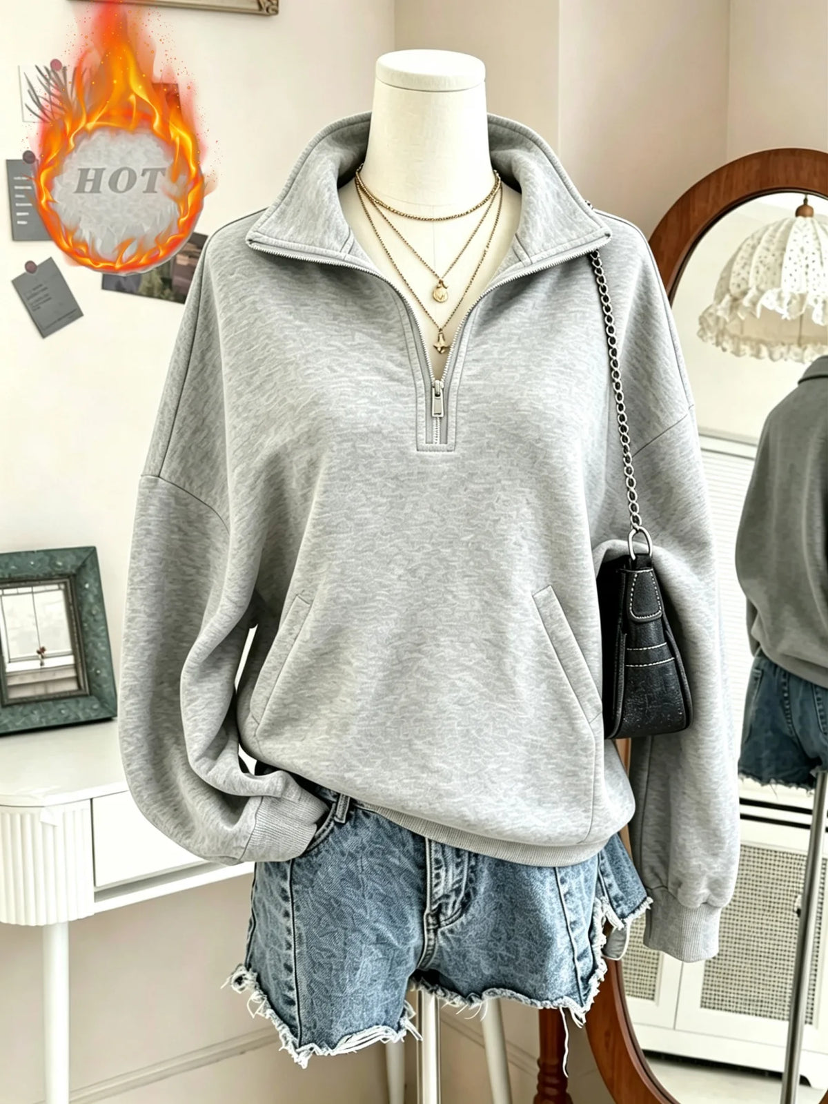 Women's Half Zip Fleece Sweatshirt Oversized Drop Shoulder Pullover with Pockets