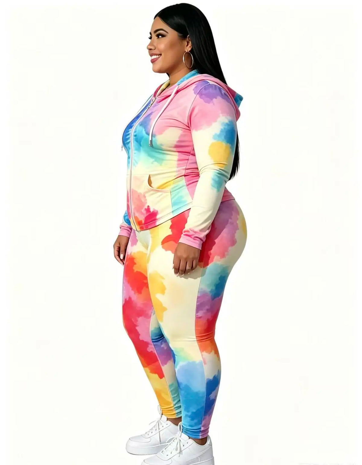 Plus size rainbow tie-dye cinched waist hooded zip-up jacket and skinny pants two-piece set; casual sports print set