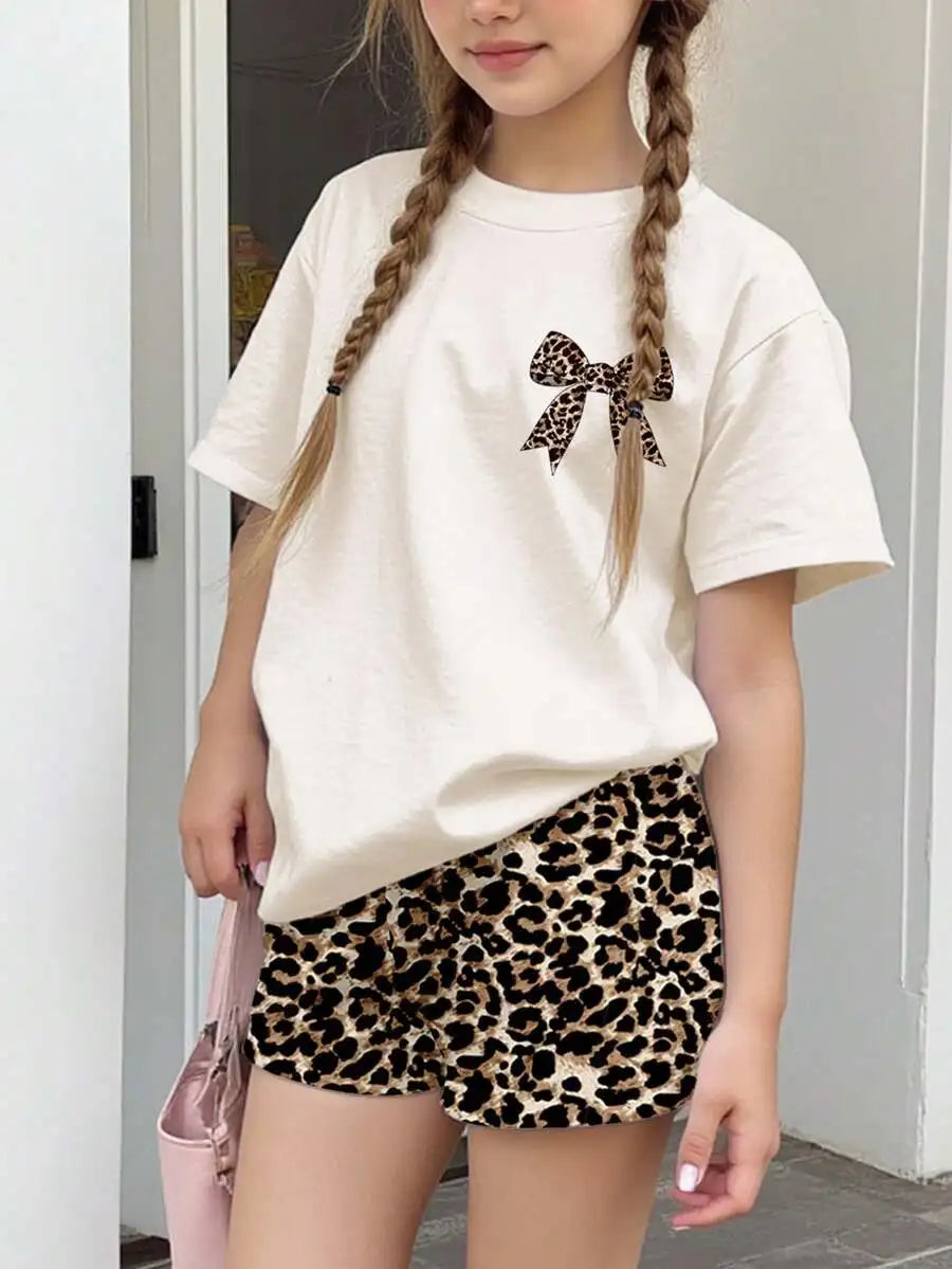 Cherry Bow Print Short Sleeve Tee And Plaid Shorts Set