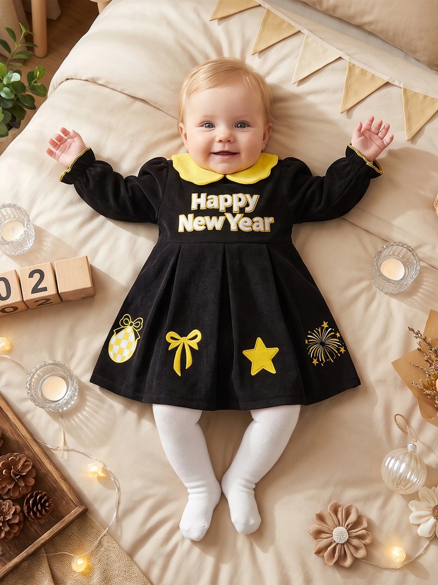 Girls Long Sleeve V Neck Dress With Letter Embroidery Pockets