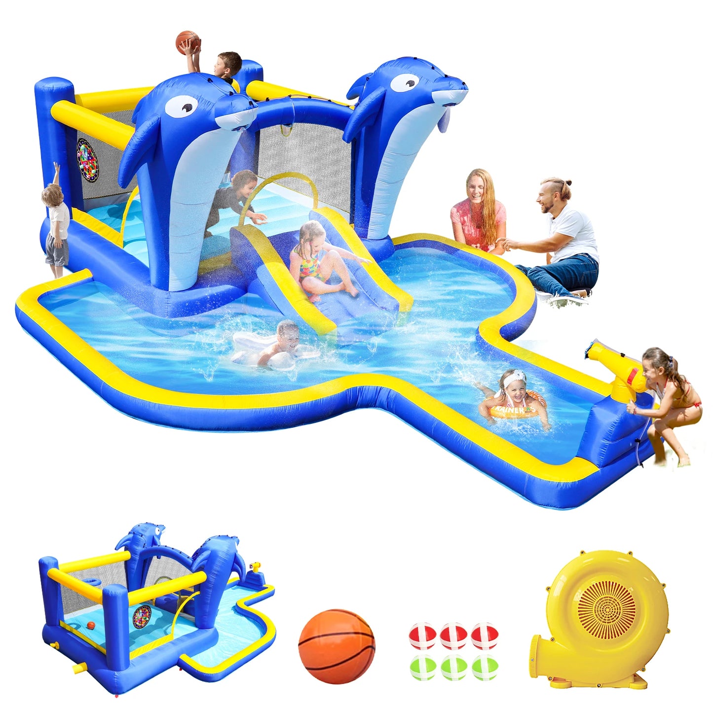 Outdoor Inflatable Bounce House Wet Dry Slide With Dolphin Sprinkler