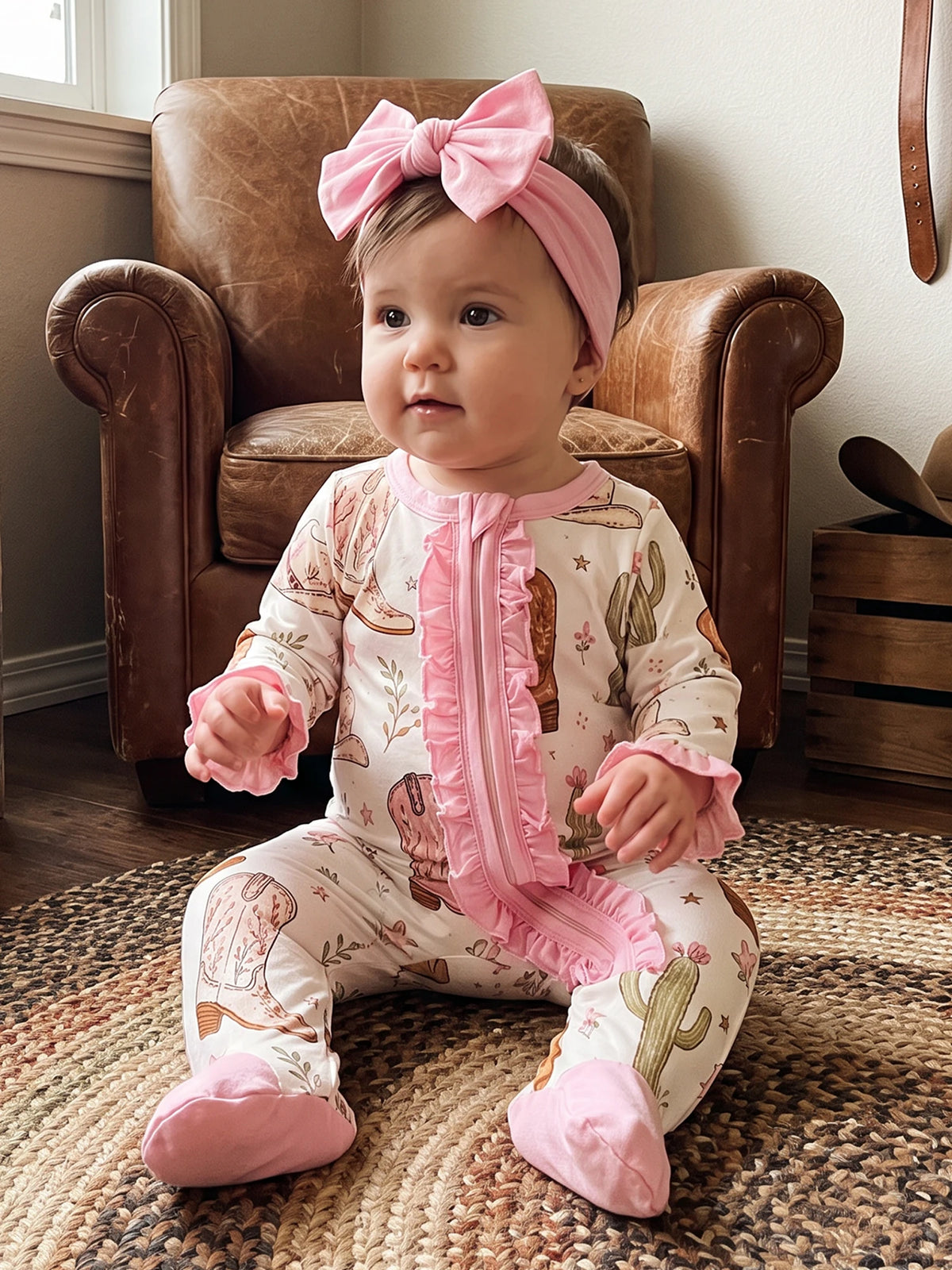 Baby Cactus Bodysuit With Headband Zip Up Romper Girls