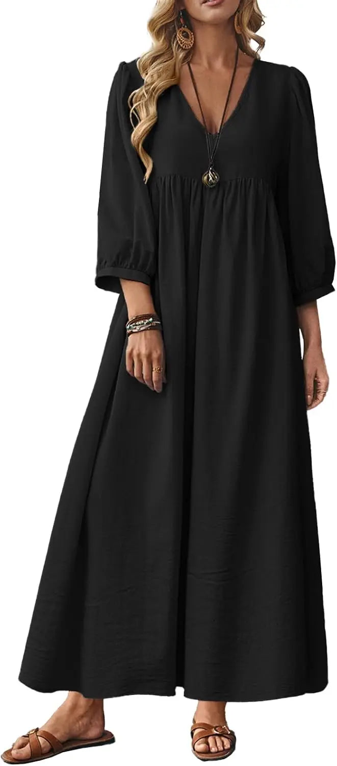 Autumn Solid Cotton Caftan Dress Loose Fit Women Casual