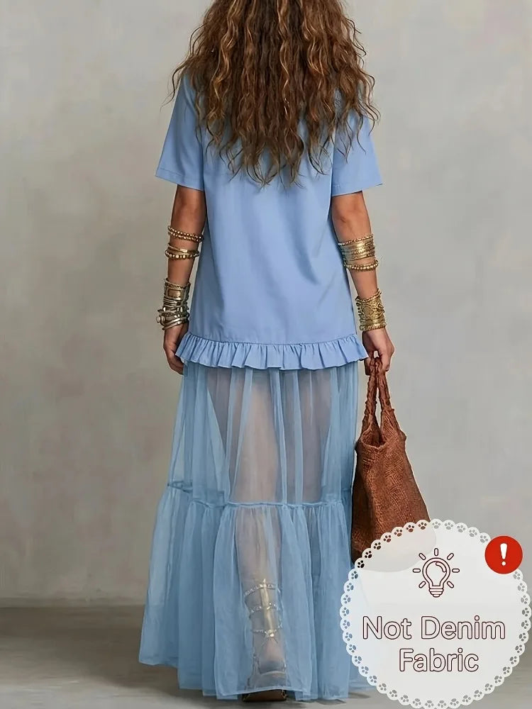 Women Blue Lapel Collar Shirt Dress 2026 New Short Sleeves Button Front Patchwork Ruffle‑Hem Sheer Tulle Tiered Elegant Party Evening Maxi Dresses