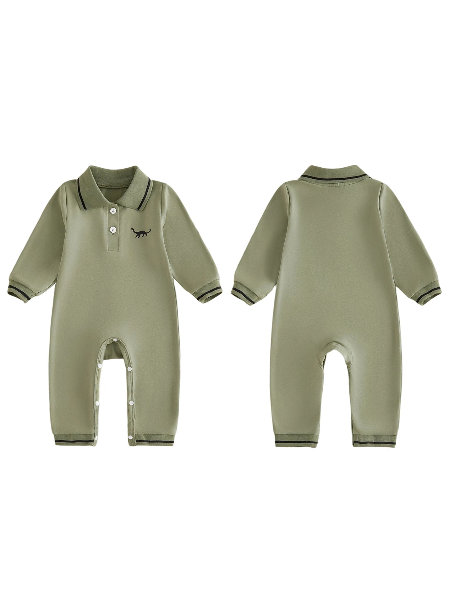 Long Sleeve Dinosaur Print Romper For Baby Girls With Lapel