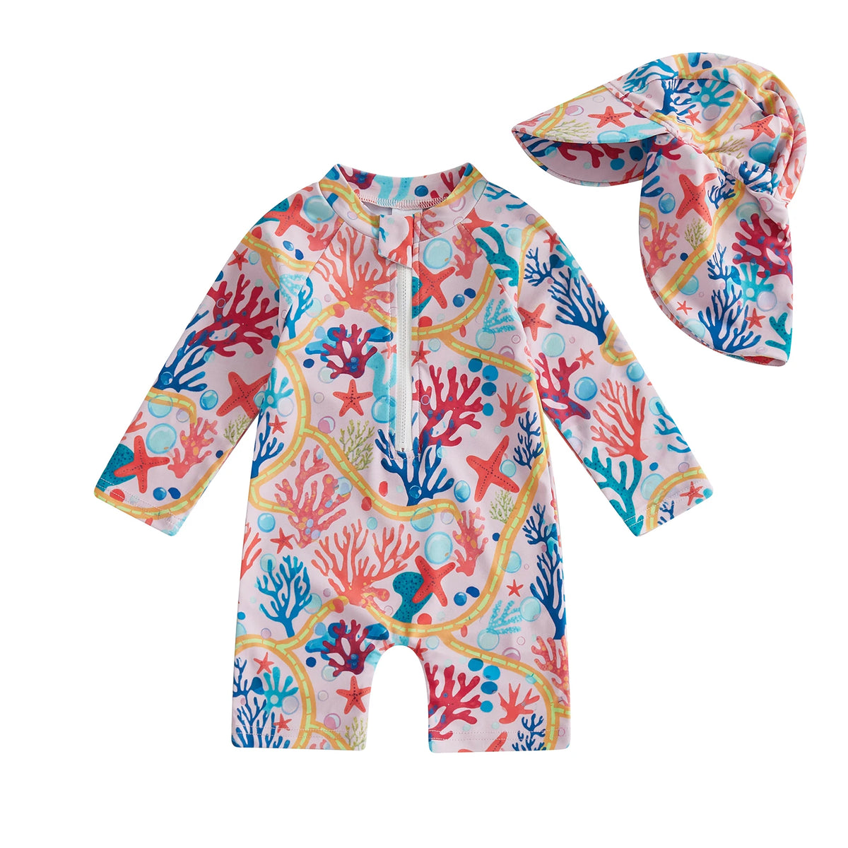 Cute Baby Rash Guard Swimsuit With Sun Hat Dinosaur Print
