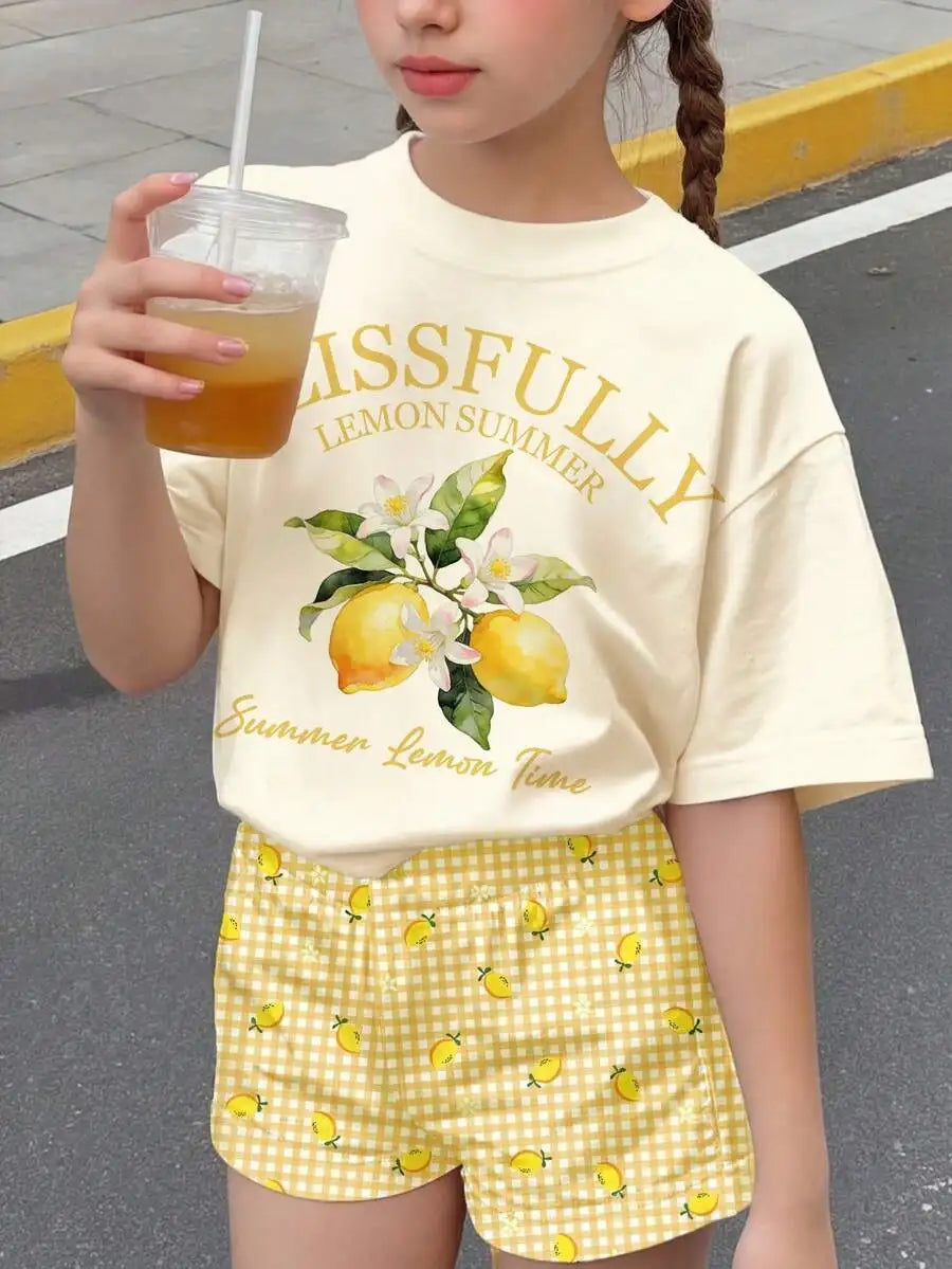Cherry Bow Print Short Sleeve Tee And Plaid Shorts Set