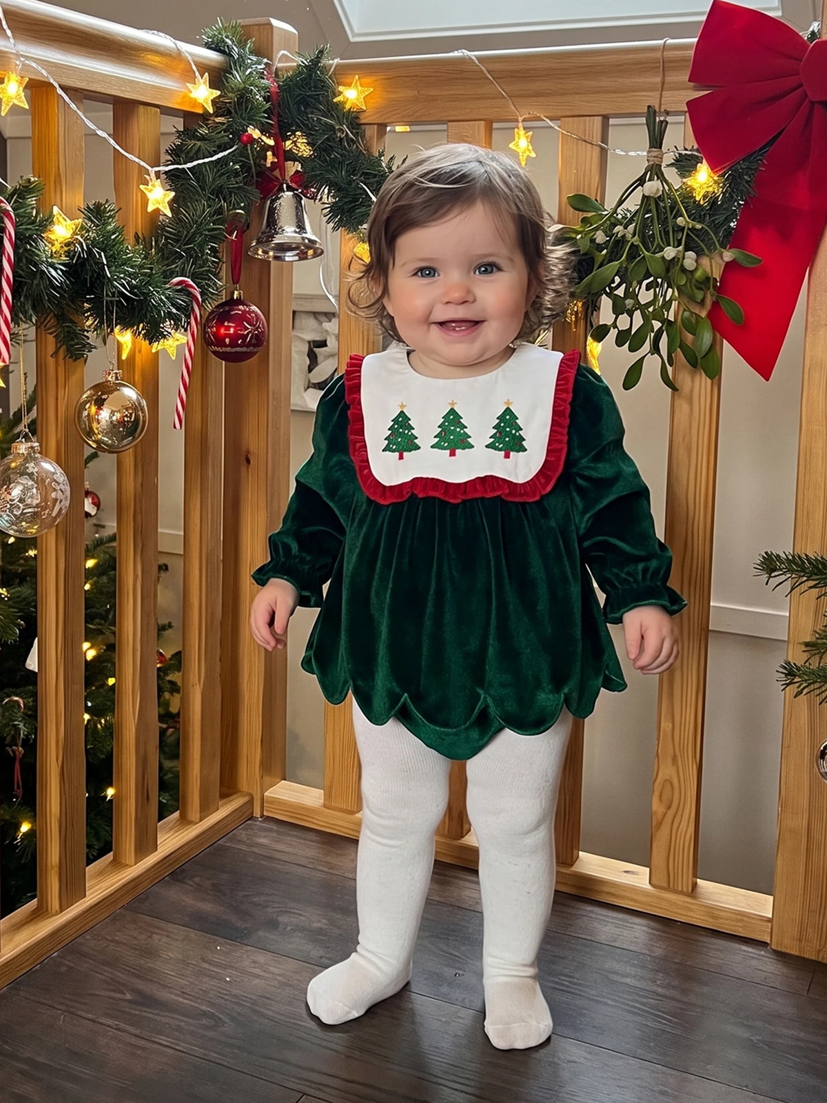 Baby Girl Christmas Long Sleeve V Neck Bodysuit Romper