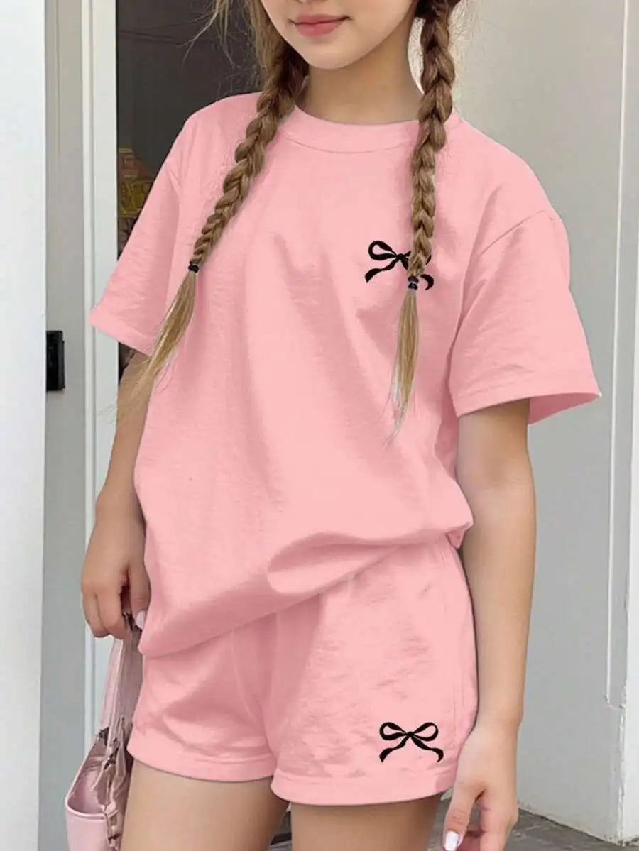 Cherry Bow Print Short Sleeve Tee And Plaid Shorts Set