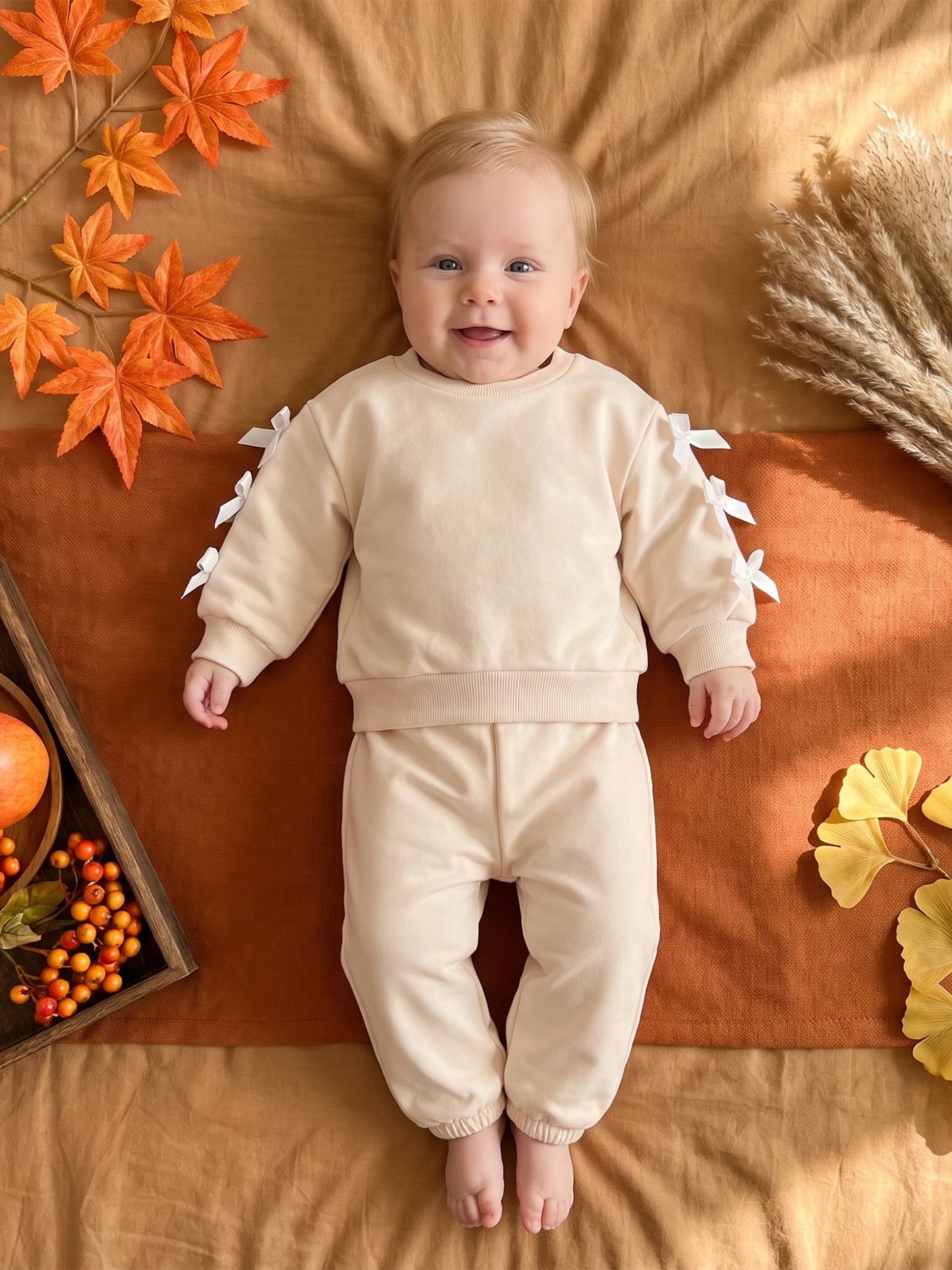 Girls Bow Accent Fall Outfit Set With Crew Neck Pullover