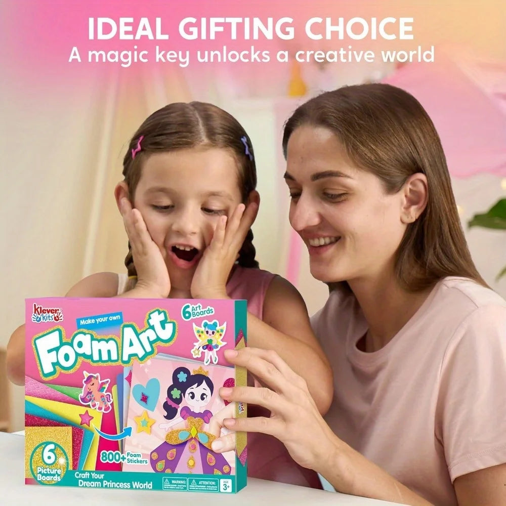 Foam Art Kit for Kids EVA Foam Stickers with 6 Art Board and 800+ Stickers, DIY Arts and Crafts for Boys Girls Age 3+, Unicorns & Princesses Birthday Gifts Travel Toy