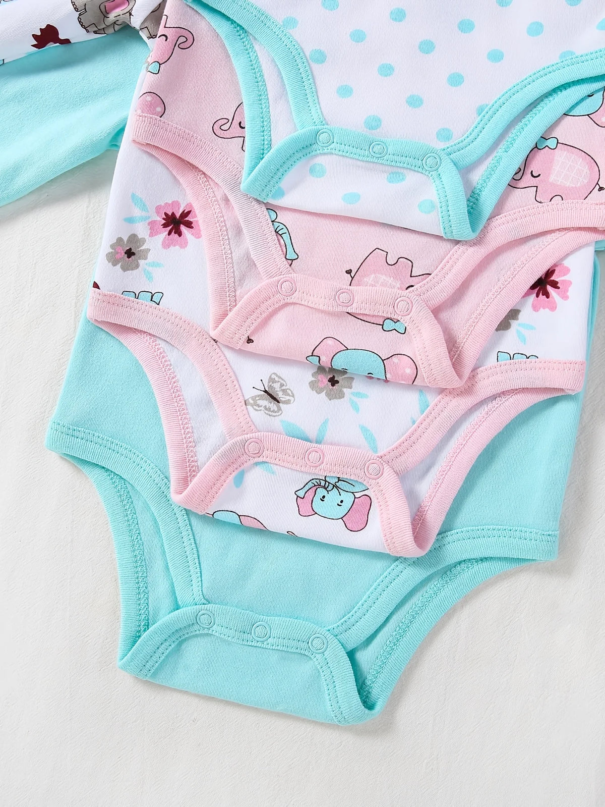 4-pc Baby Girl Long Sleeve Bodysuits, Round Neck Rompers with Cute Elephant Print, Soft Skin-Friendly Outfits for Spring And Autumn, Newborn Essentials |, for Outdoor