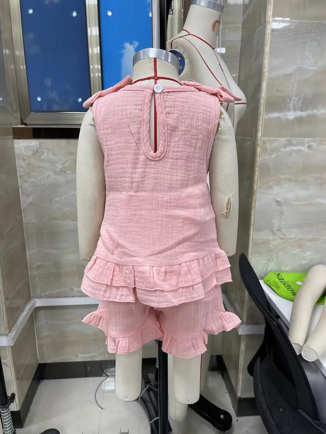 2026 New Toddler Girls Summer Ruffle Set Solid Sleeveless Crew Neck Tank Top with Shoulder Bows and Matching Children's Sets