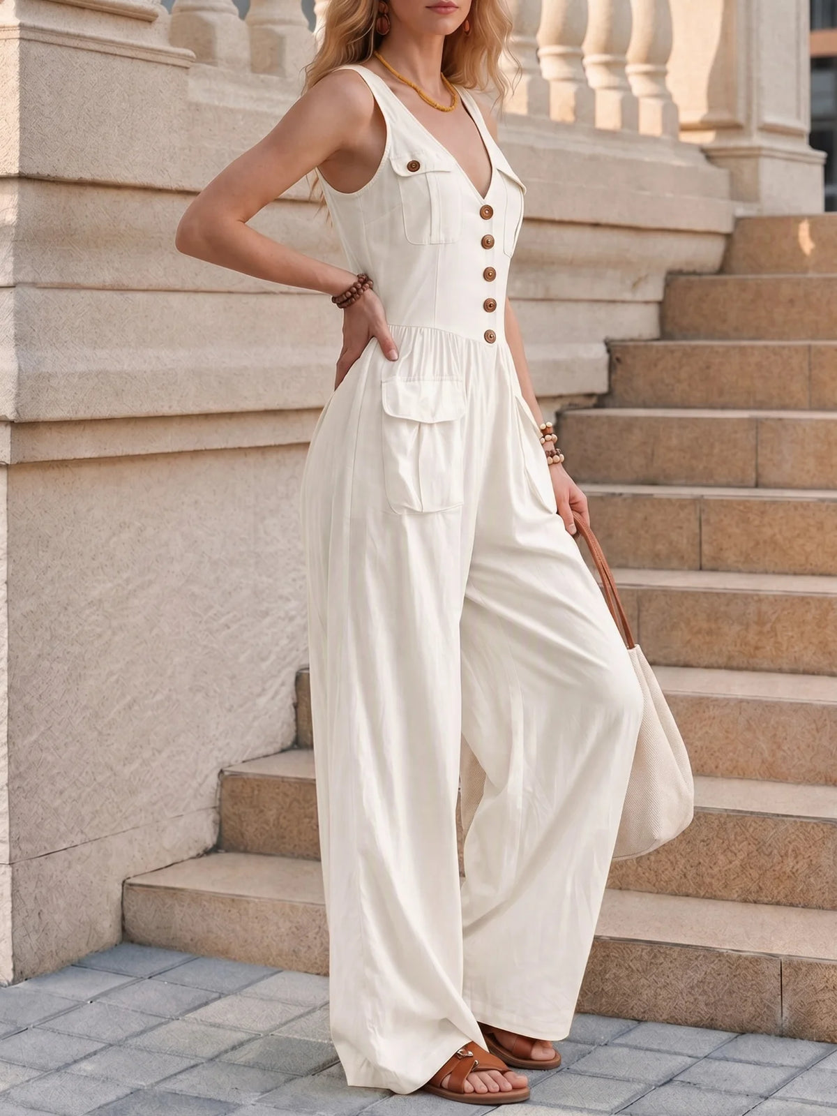 Women's V Neck Sleeveless Jumpsuit Front Button Detail Multiple Patch Pockets Elastic Waist Wide Leg Loose Fit Ladies Jumpsuit