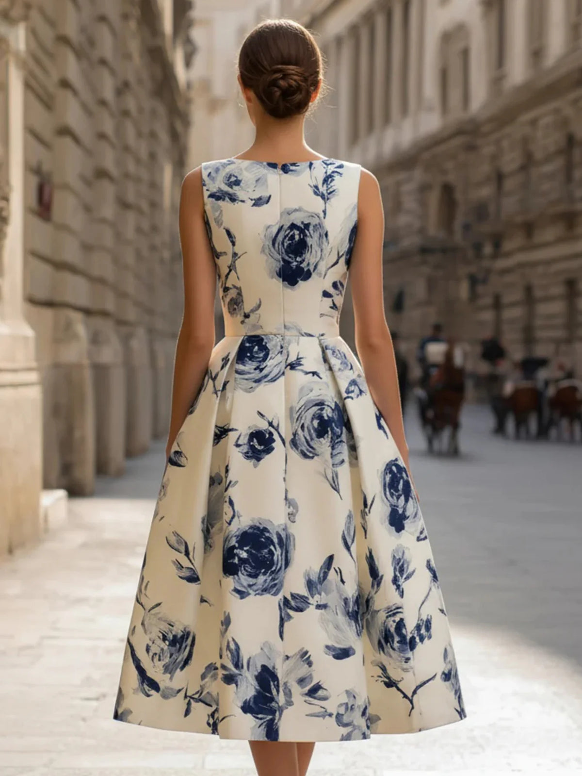 Women's Round Neck Sleeveless Midi Dress Floral Print Pleated A Line Swing Hem Elegant Formal Ladies Dress