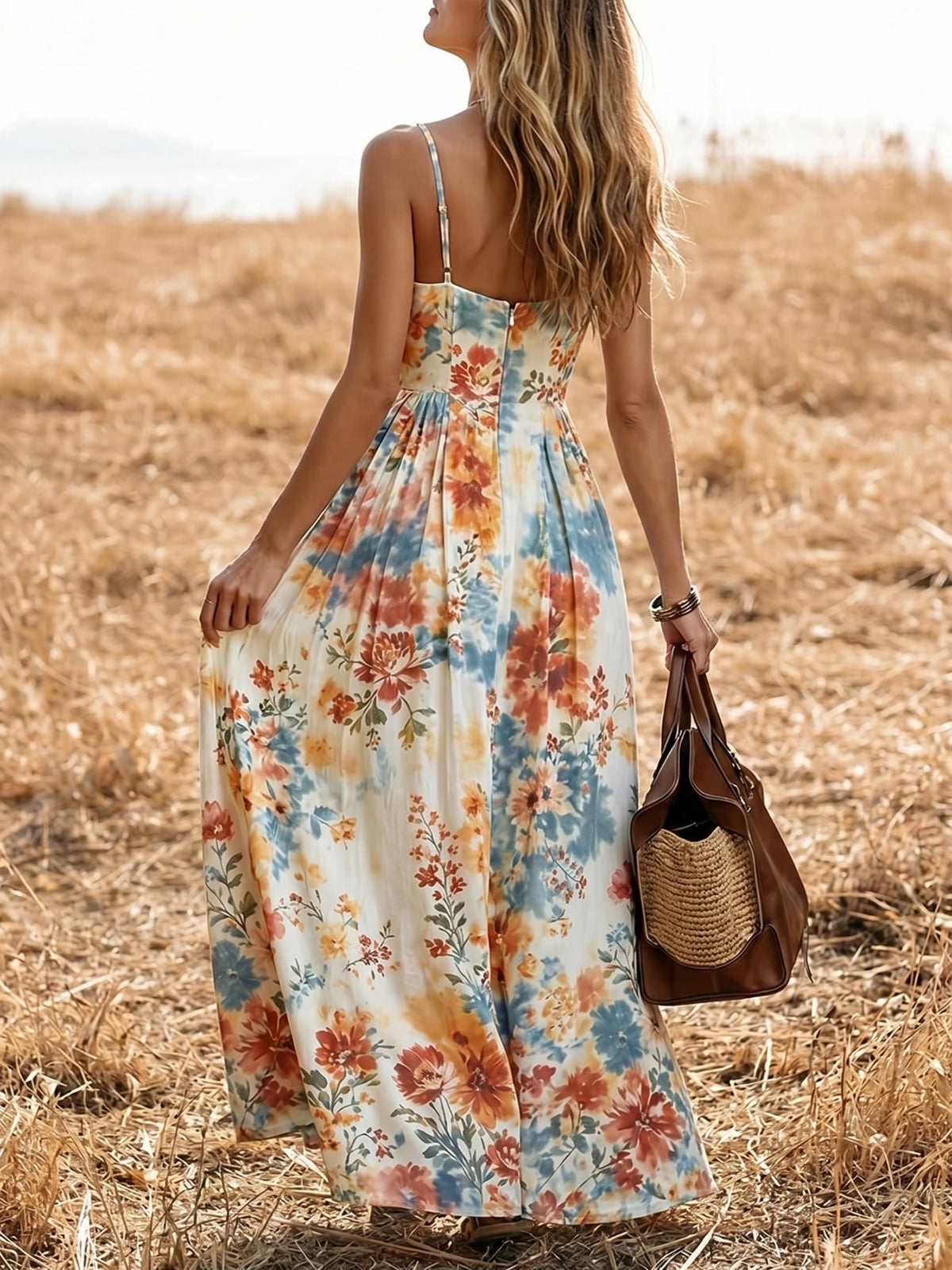 Women V Neck Spaghetti Strap Floral Print Maxi Dress Button Front A Line Flowy Dress For Casual Holiday Occasion