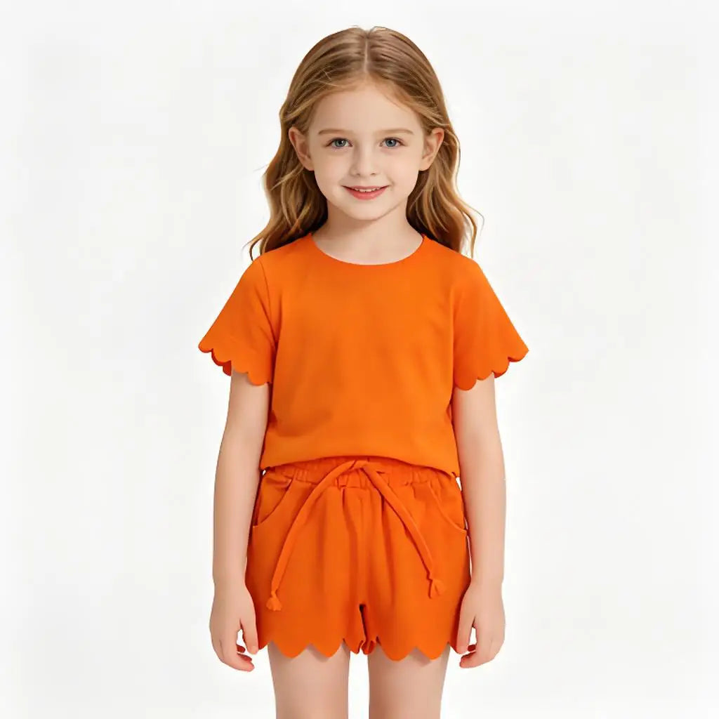 Cotton Baby Girls Sets With Scallop Shorts And Top