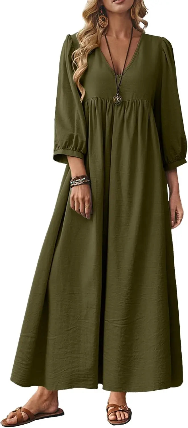Autumn Solid Cotton Caftan Dress Loose Fit Women Casual