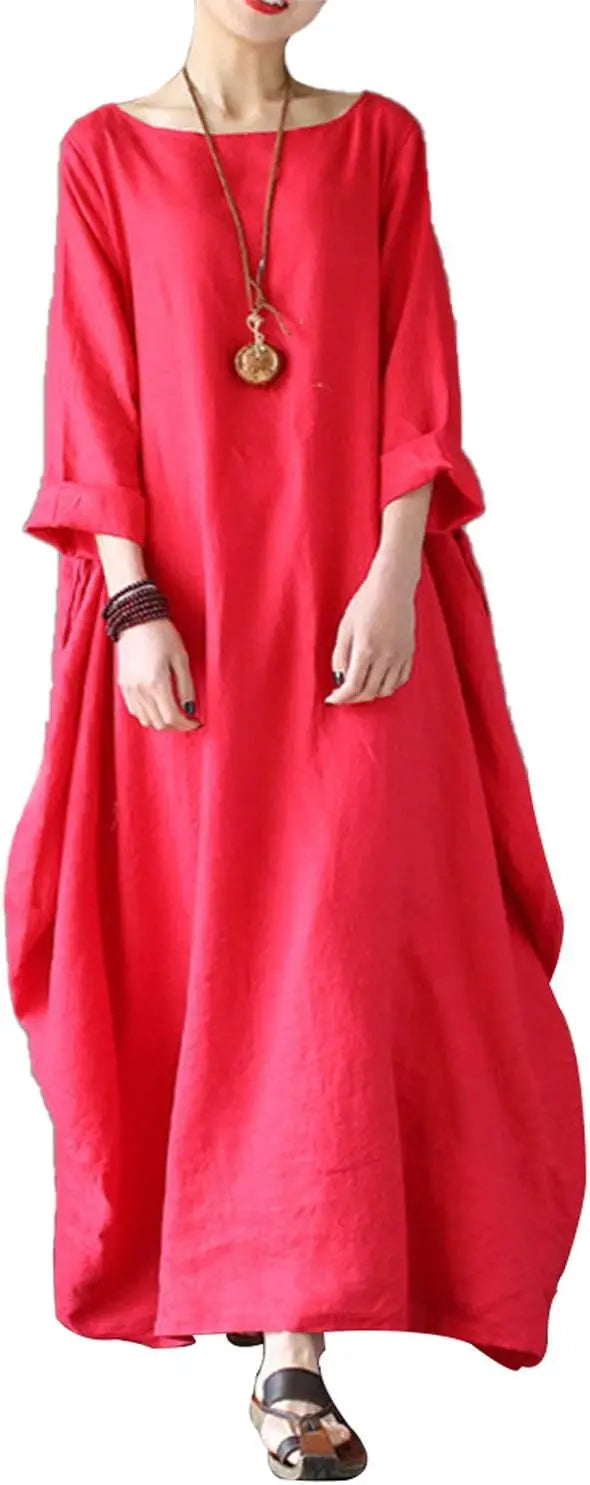 Autumn Solid Cotton Caftan Dress Loose Fit Women Casual