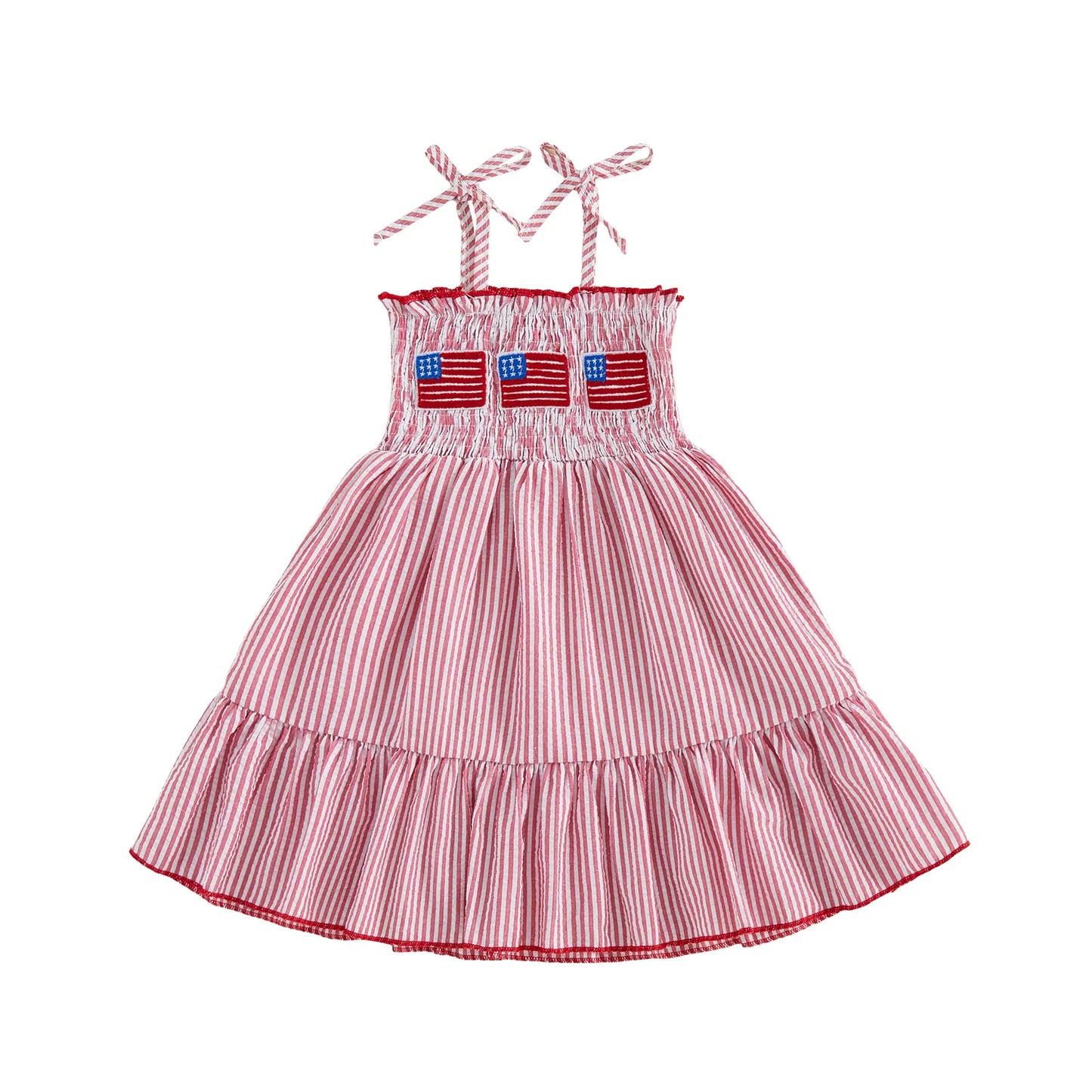 Infant Girls Patriotic Sleeveless Dress With Stars And Stripes Embroidery