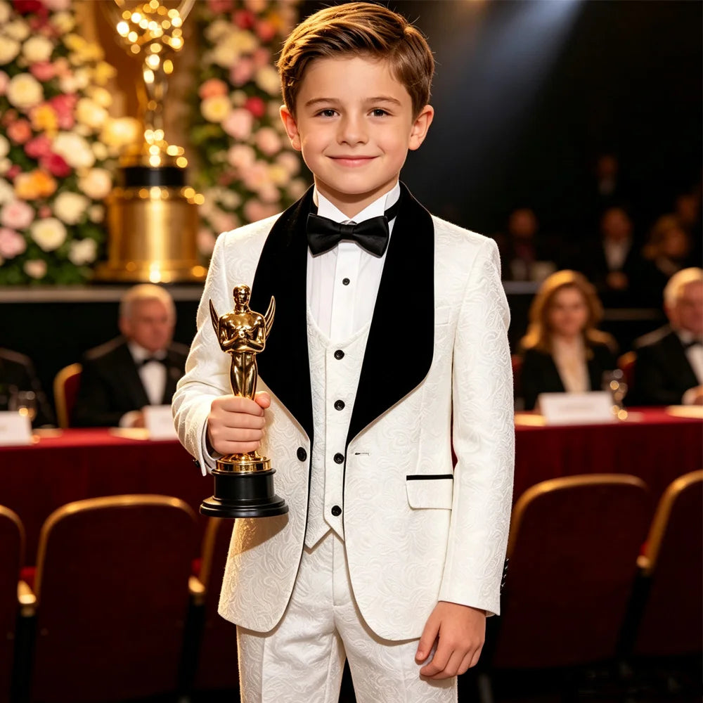 Boys Jacquard Tuxedo Suit 3 Piece Bow Tie Velvet Set