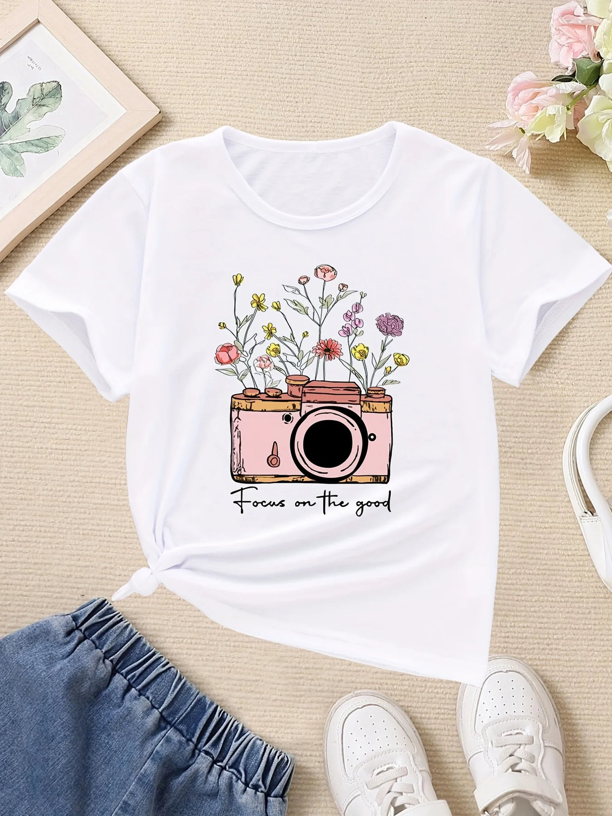 Flowers And Camera Graphic T-Shirt Casual Round Neck Tees Top Teens Summer Clothes